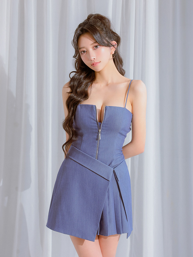 ラップ風デザイン プリーツ キャミソール ジップデザイン ワンカラー フレアミニドレス