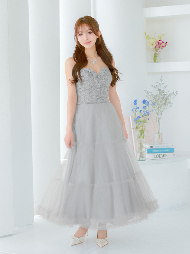 ハートカット フロントボタン キャミソール ツイード シフォンスカート セットアップ Aラインロングドレス