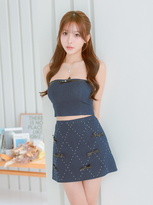 ビジュー セットアップ ガーリー ベアトップ デニム レザーリボン フレアミニドレス