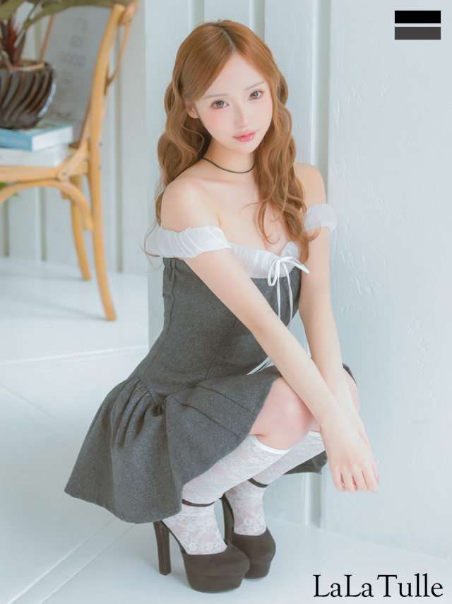 ガーリー グリッター オフショルダー シフォン リボン フレアミニドレス