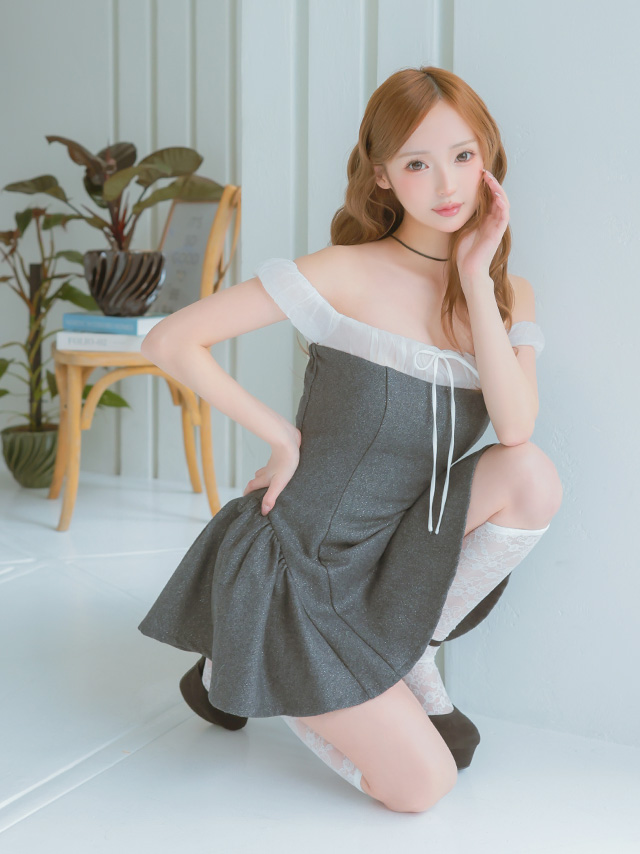 ガーリー グリッター オフショルダー シフォン リボン フレアミニドレス