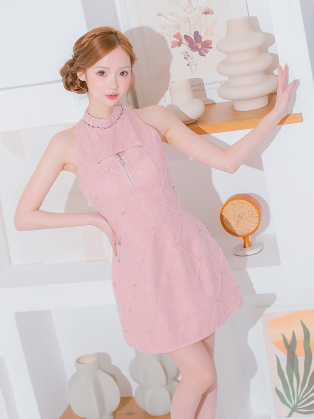 ジップデザイン ノースリーブ ツイード ラメ デコルテカッティング タイトミニドレス