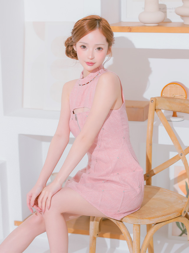 ジップデザイン ノースリーブ ツイード ラメ デコルテカッティング タイトミニドレス