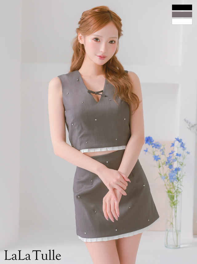 ノースリーブ バストリボン セットアップ ストーン付き ガーリー フレアミニドレス