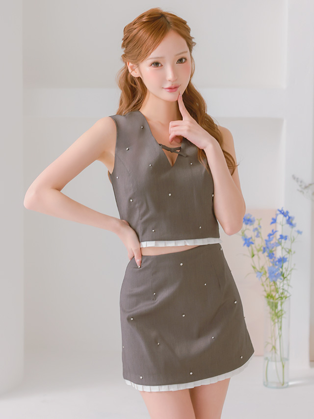 ノースリーブ バストリボン セットアップ ストーン付き ガーリー フレアミニドレス