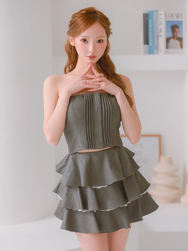 ティアードスカート ベアトップ セットアップ ジップデザイン フリル パイピング フレアミニドレス 