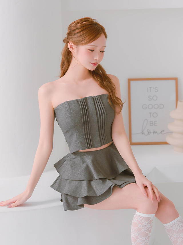 ティアードスカート ベアトップ セットアップ ジップデザイン フリル パイピング フレアミニドレス 