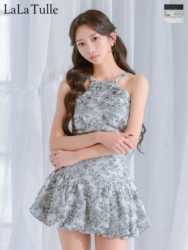 ホルターネック バックリボン 花柄ジャガード セットアップ ラメレース フレアミニドレス