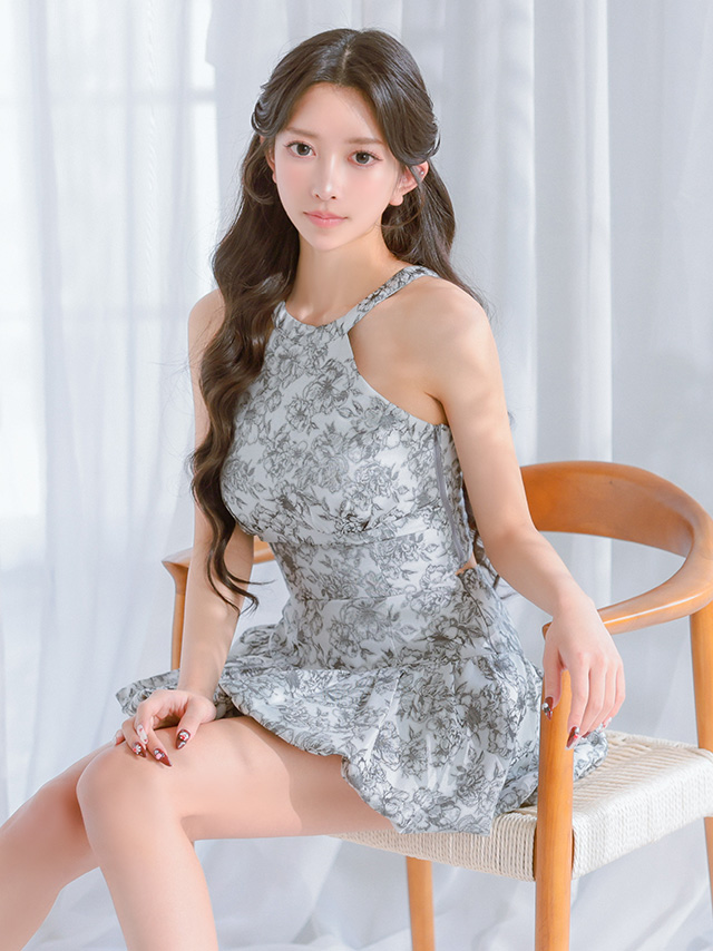 ホルターネック バックリボン 花柄ジャガード セットアップ ラメレース フレアミニドレス