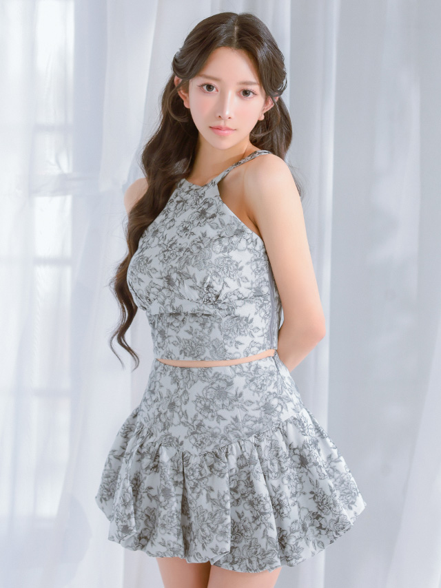 ホルターネック バックリボン 花柄ジャガード セットアップ ラメレース フレアミニドレス