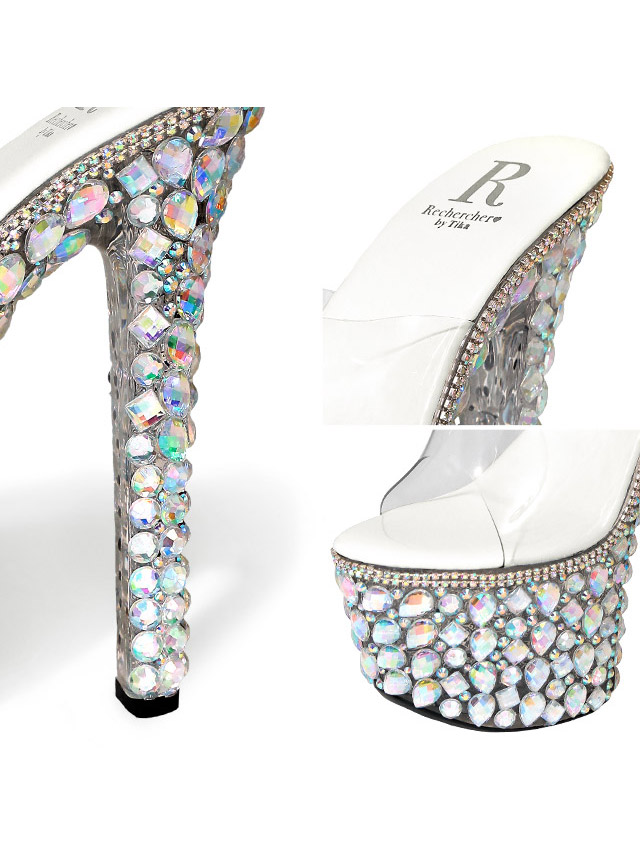 キャバヒール パール×ビジューデザイン 厚底 クリアサンダル