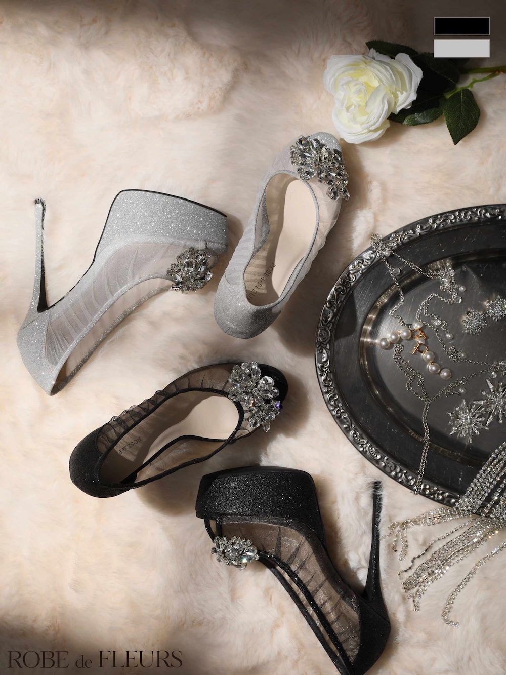 ビジュー ラインストーン メッシュ ラメ オープントゥ パンプス