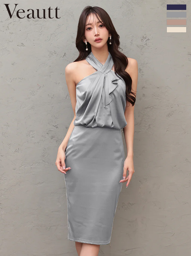 ホルターネック クロスデザイン フロントフリル サテン ジップデザイン タイト 膝丈ドレス