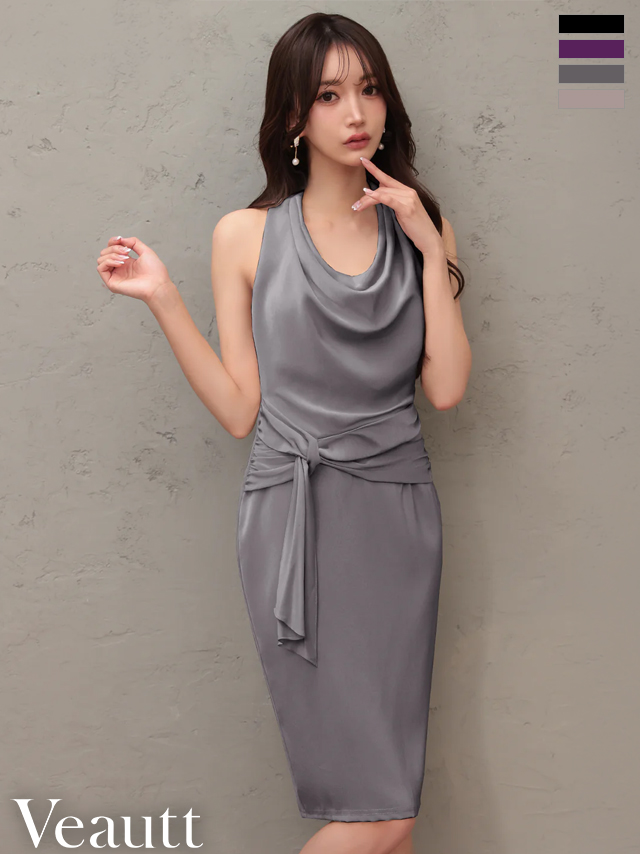 ドレープ ホルターネック ウエストツイスト バックオープン セクシー ワンカラー タイト 膝丈ドレス