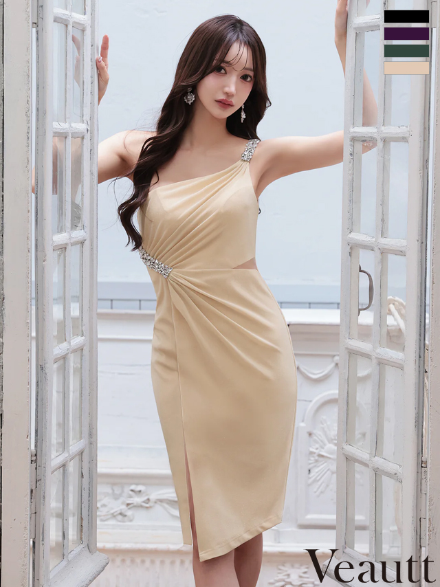ワンショルダー ウエストカット タック ビジュー スリット タイト 膝丈ドレス