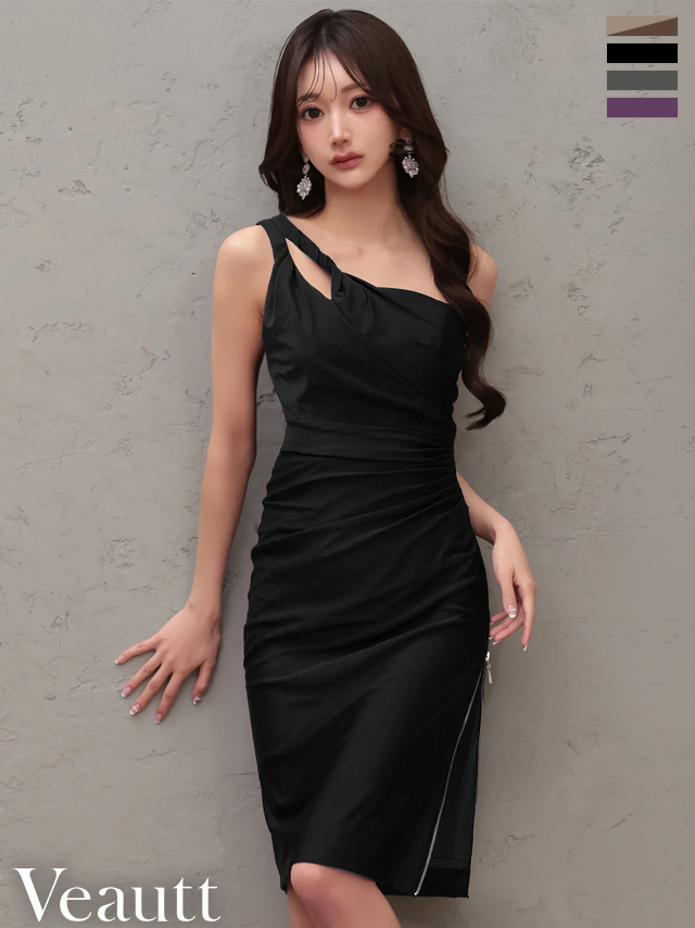 ワンショルダー アシンメトリー ウエストタック バイカラー ジップデザイン スリット タイト 膝丈ドレス