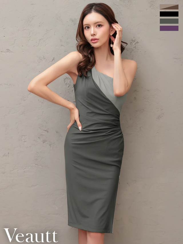 ワンショルダー アシンメトリー ウエストタック バイカラー ジップデザイン スリット タイト 膝丈ドレス