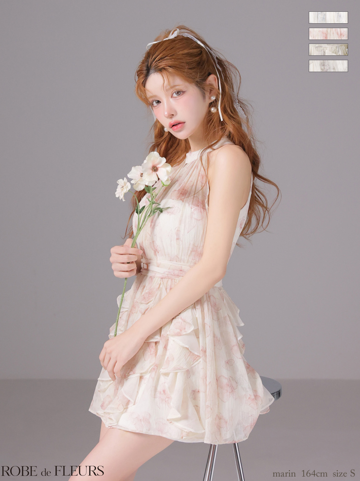 ホルターネック バストカット ウエストベルト フラワーシフォン フレアミニドレス