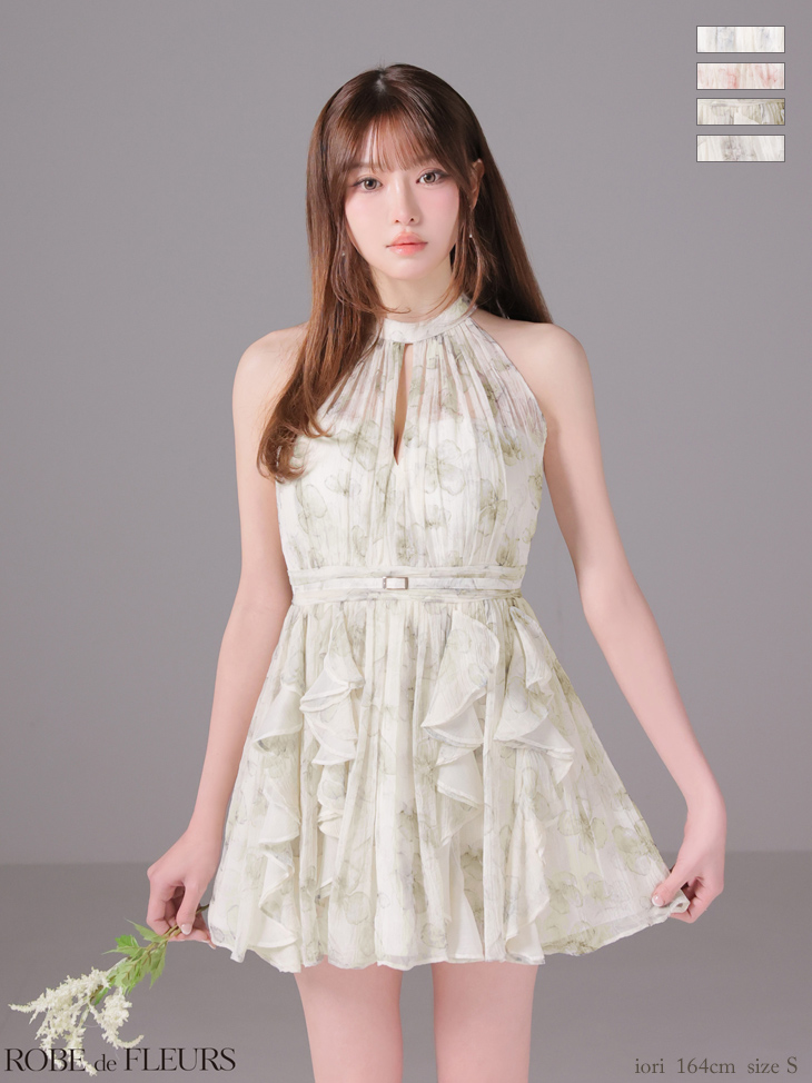 ホルターネック バストカット ウエストベルト フラワーシフォン フレアミニドレス