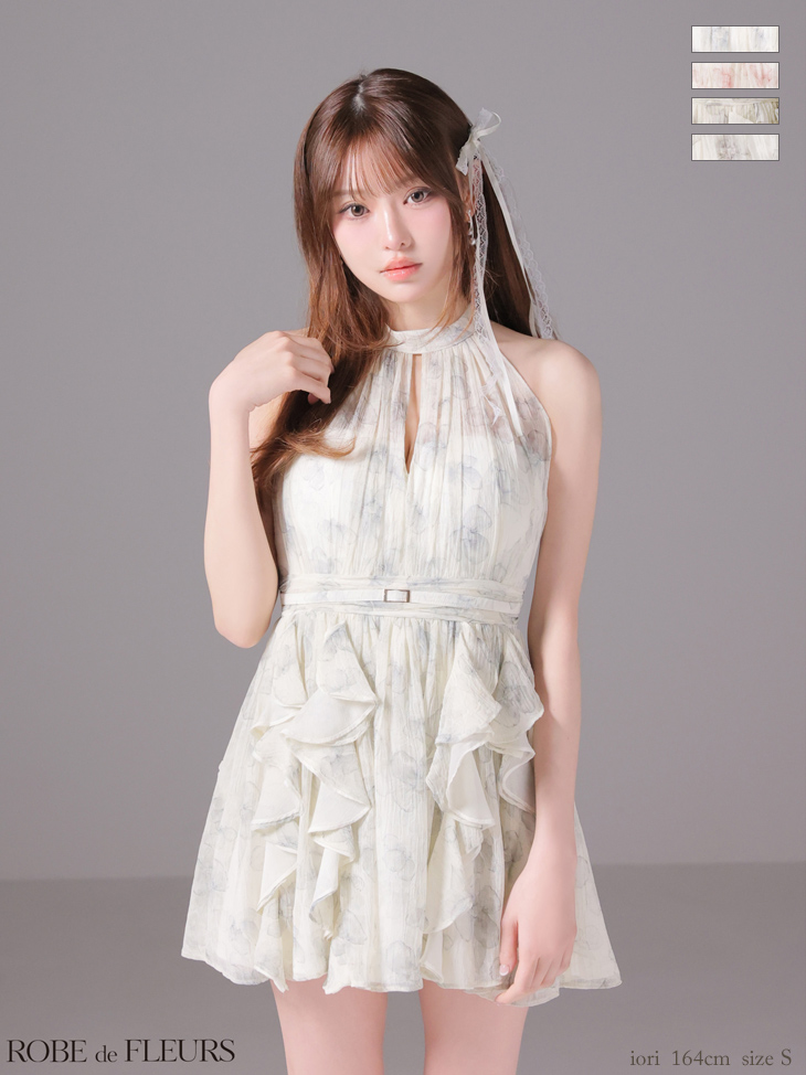 ホルターネック バストカット ウエストベルト フラワーシフォン フレアミニドレス