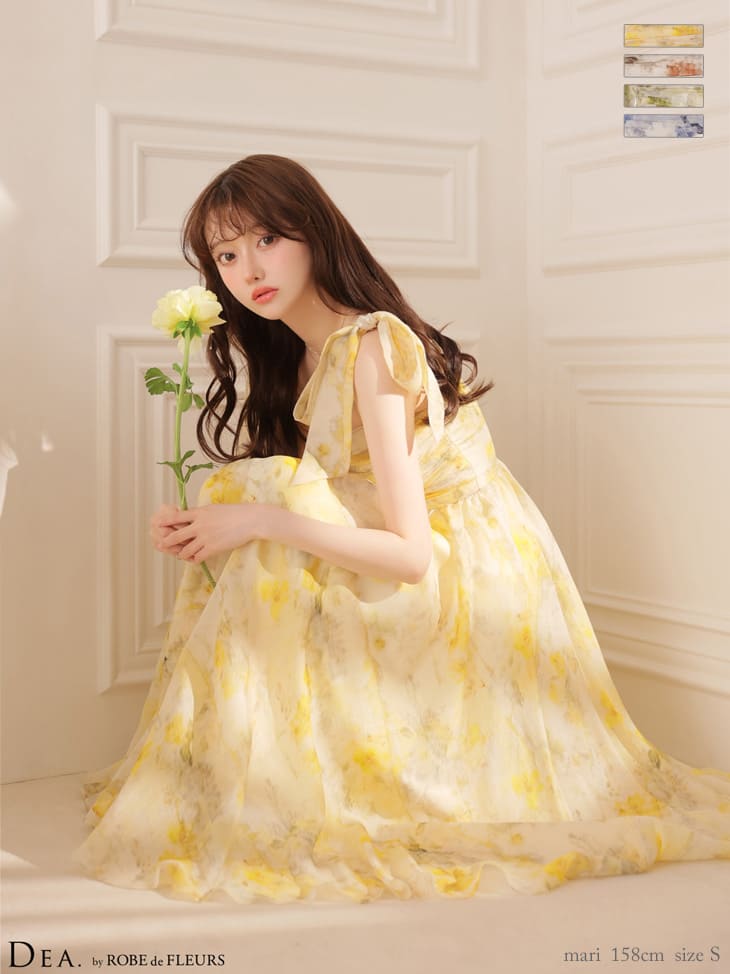 キャミソール リボン ギャザー ブラーフローラル シフォン Aラインロングドレス