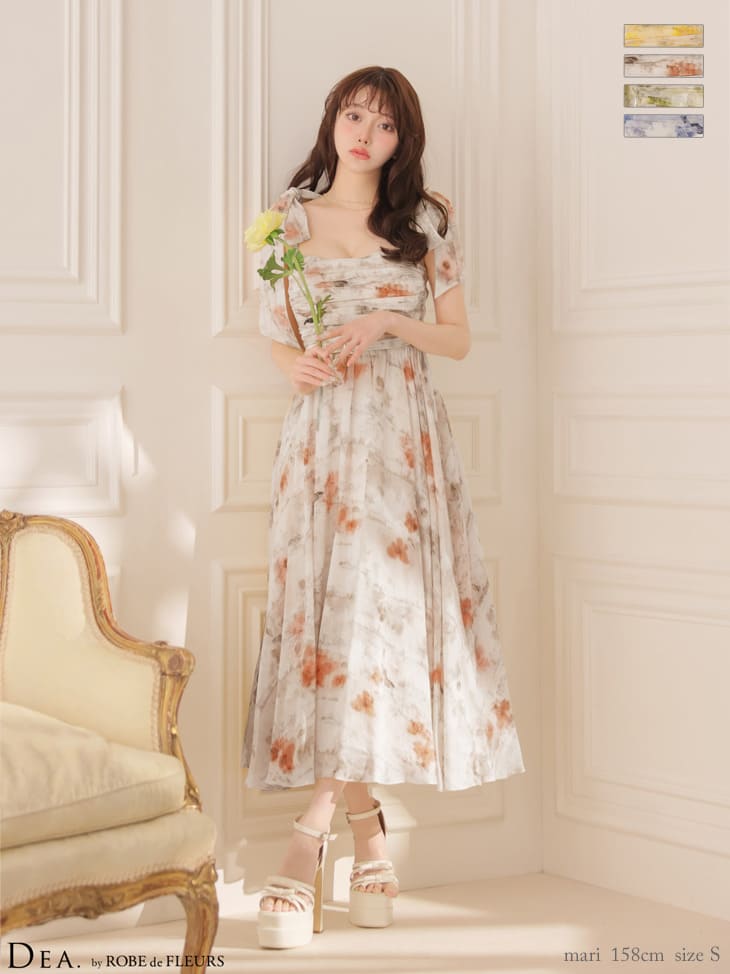 キャミソール リボン ギャザー ブラーフローラル シフォン Aラインロングドレス