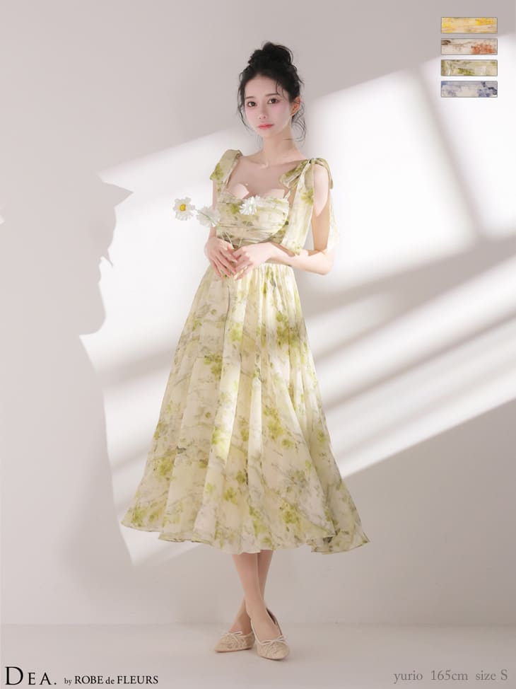 キャミソール リボン ギャザー ブラーフローラル シフォン Aラインロングドレス