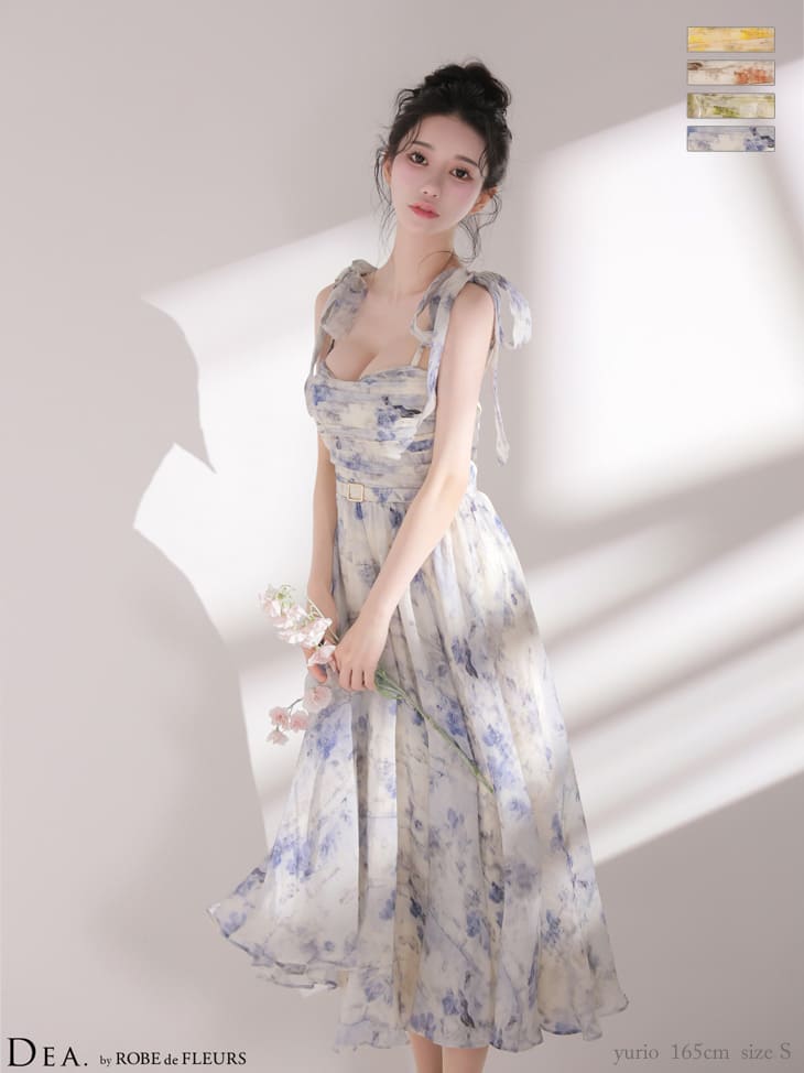 キャミソール リボン ギャザー ブラーフローラル シフォン Aラインロングドレス