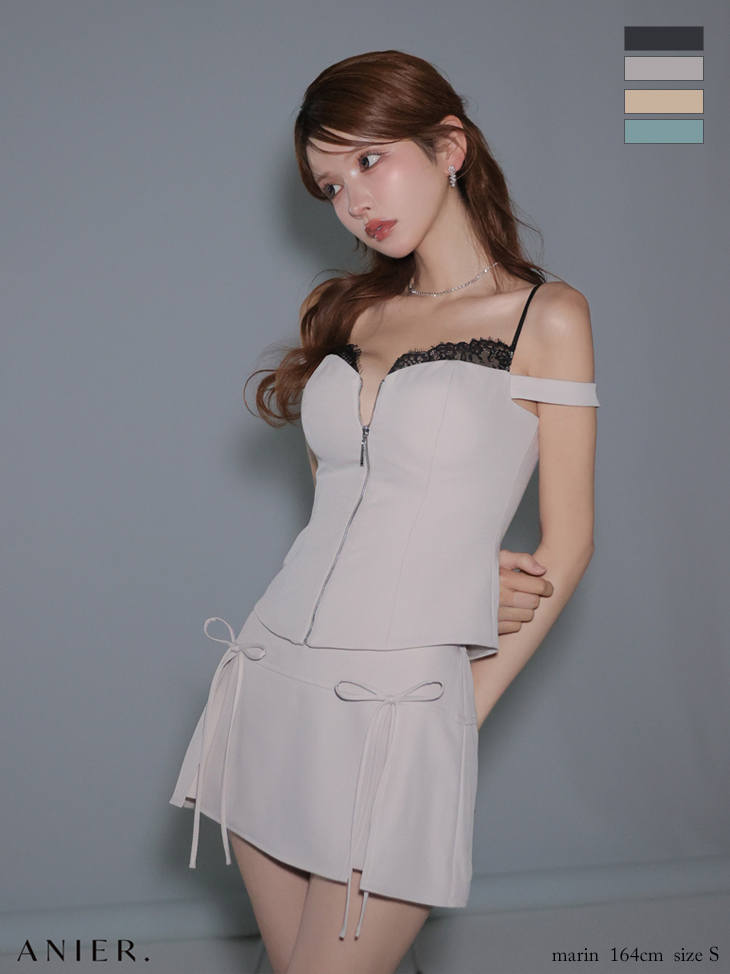 セットアップ 肩あき ジップデザイン リボン レイヤード レース タイトミニドレス