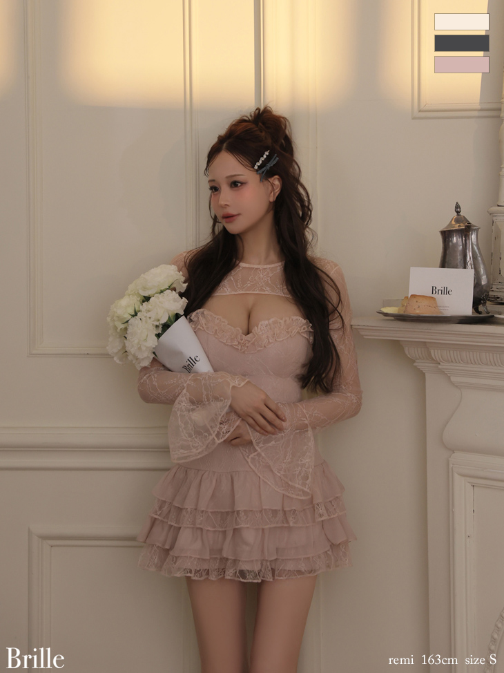 オープンバスト レース シフォン ティアードフリル ボレロ 長袖 フレアミニドレス