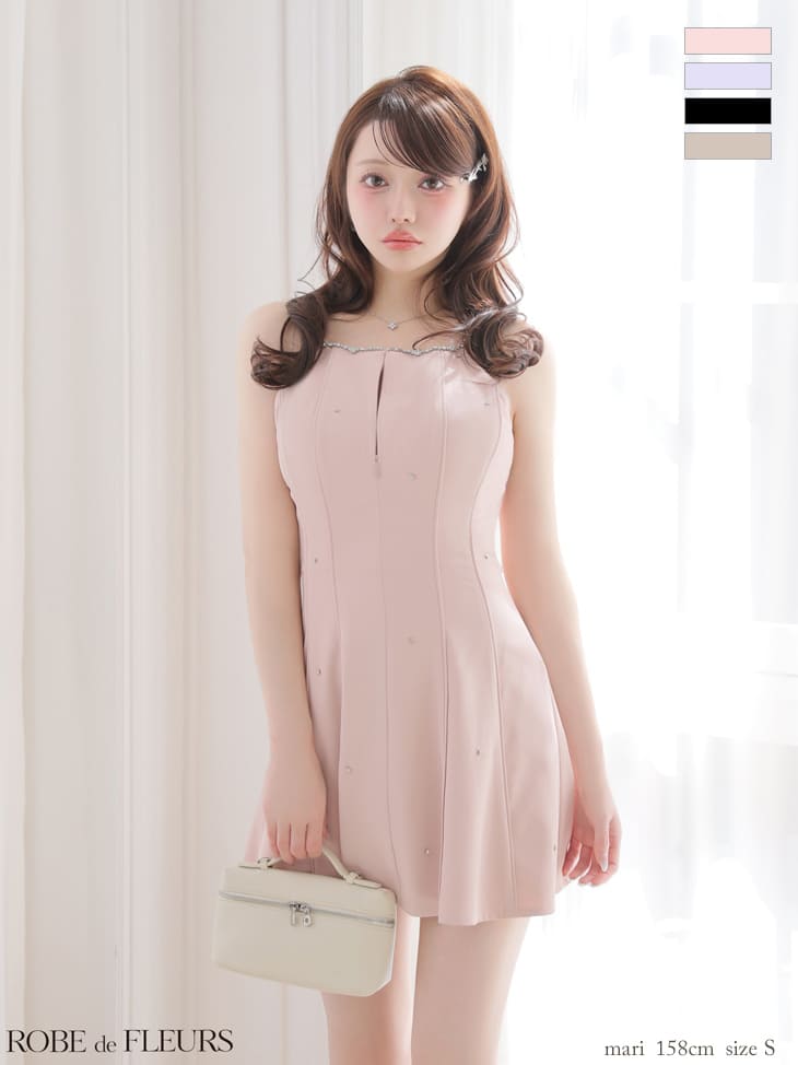 バックリボン ビジュー キャミソール ジップデザイン フレアミニドレス