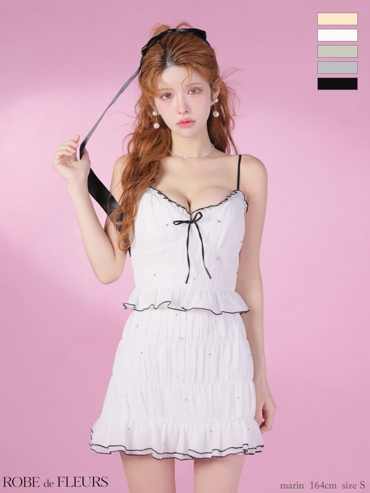 ラメシフォン フリル セットアップ キャミソール リボン ビジュー フレアミニドレス