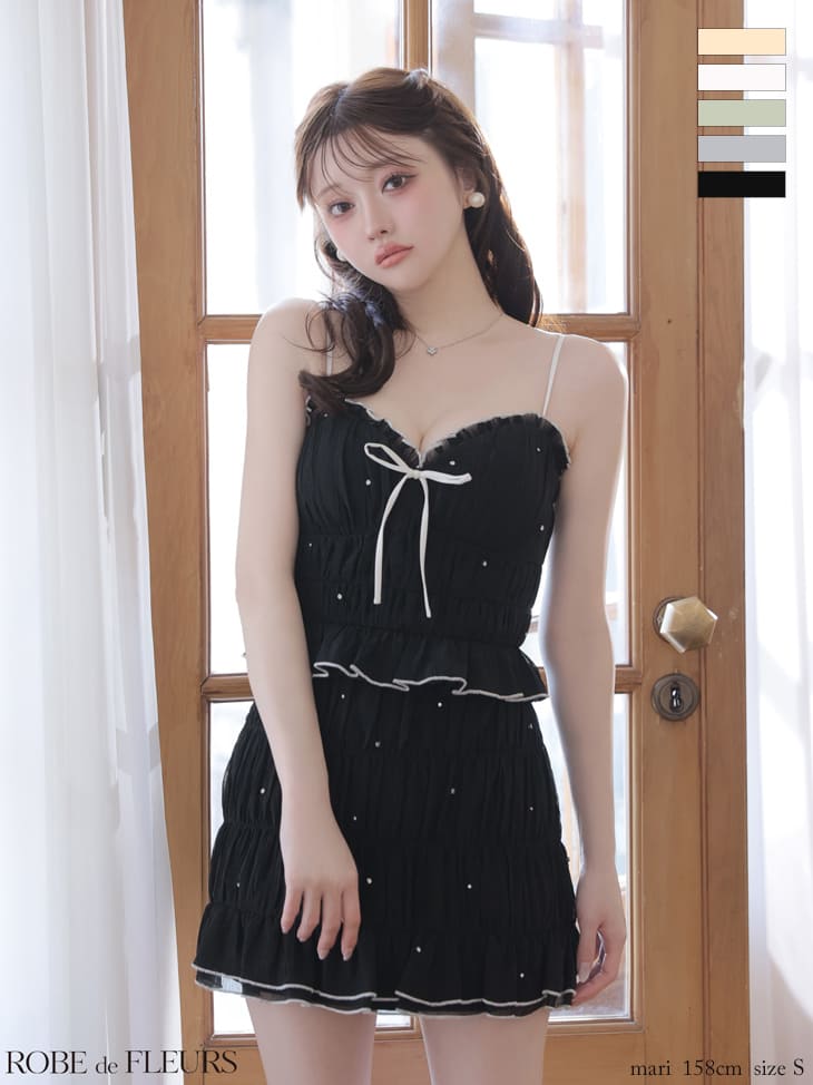 ラメシフォン フリル セットアップ キャミソール リボン ビジュー フレアミニドレス