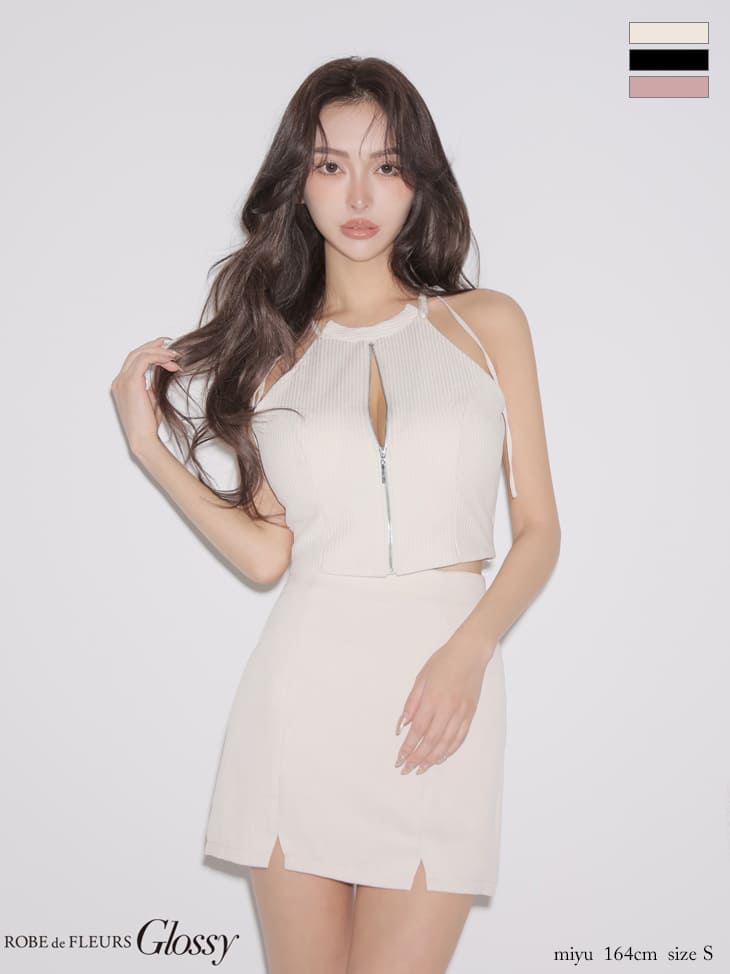 ホルターネック ジップデザイン セットアップ ワンカラー タイトミニドレ