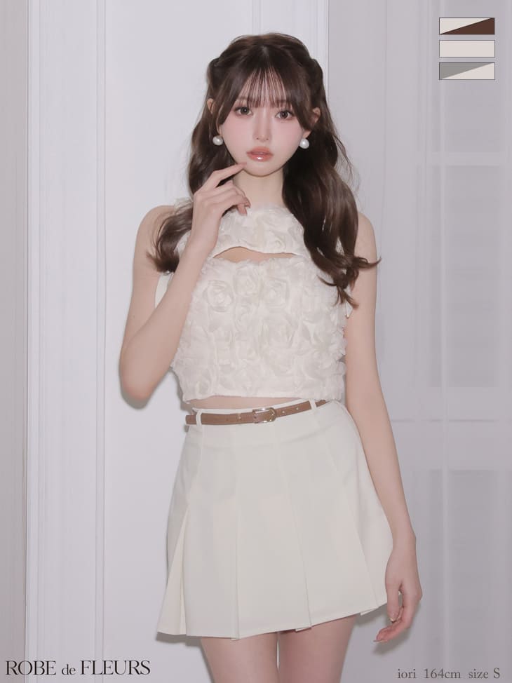 ノースリーブ ショルダーリボン バストカット フラワーレース ウエストベルト セットアップ プリーツスカート フレアミニドレス