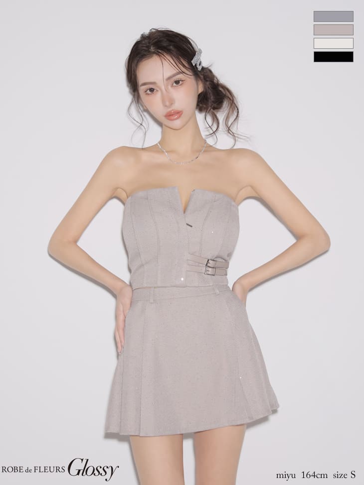 ベア バストカット セットアップ ベルトデザイン スパンコール ワンカラー フレアミニドレス