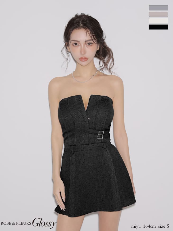 ベア バストカット セットアップ ベルトデザイン スパンコール ワンカラー フレアミニドレス