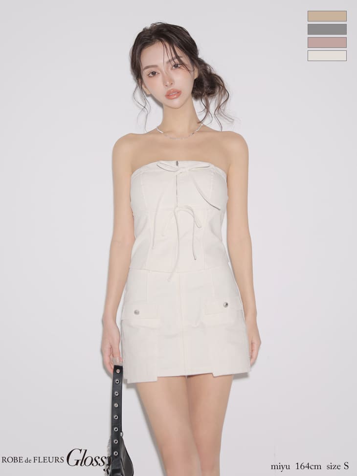 ポケットデザイン セットアップ ワンカラー ベア リボン ジップデザイン タイトミニドレス