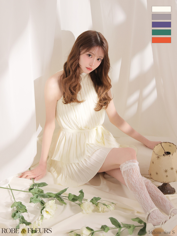 ホルターネック シフォン ウエストリボン ワンカラー プリーツ フレアミニドレス