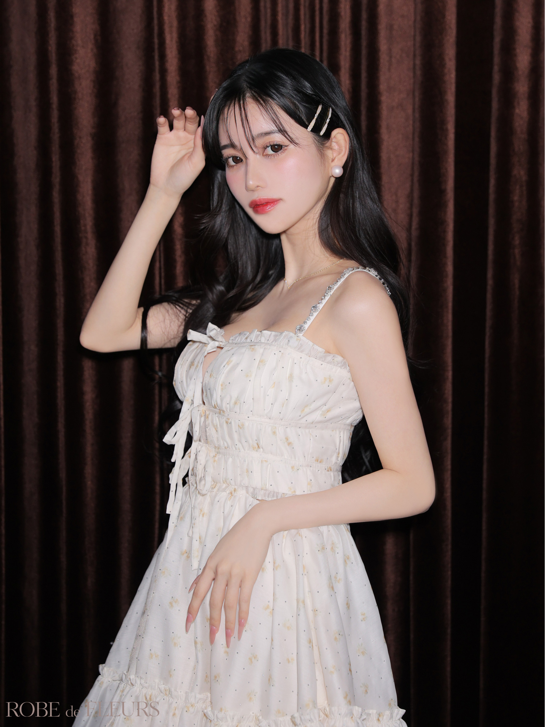 キャミソール シフォン ウエストカット フラワー スタッズ リボン ビジュー ガーリー フレアミニドレス