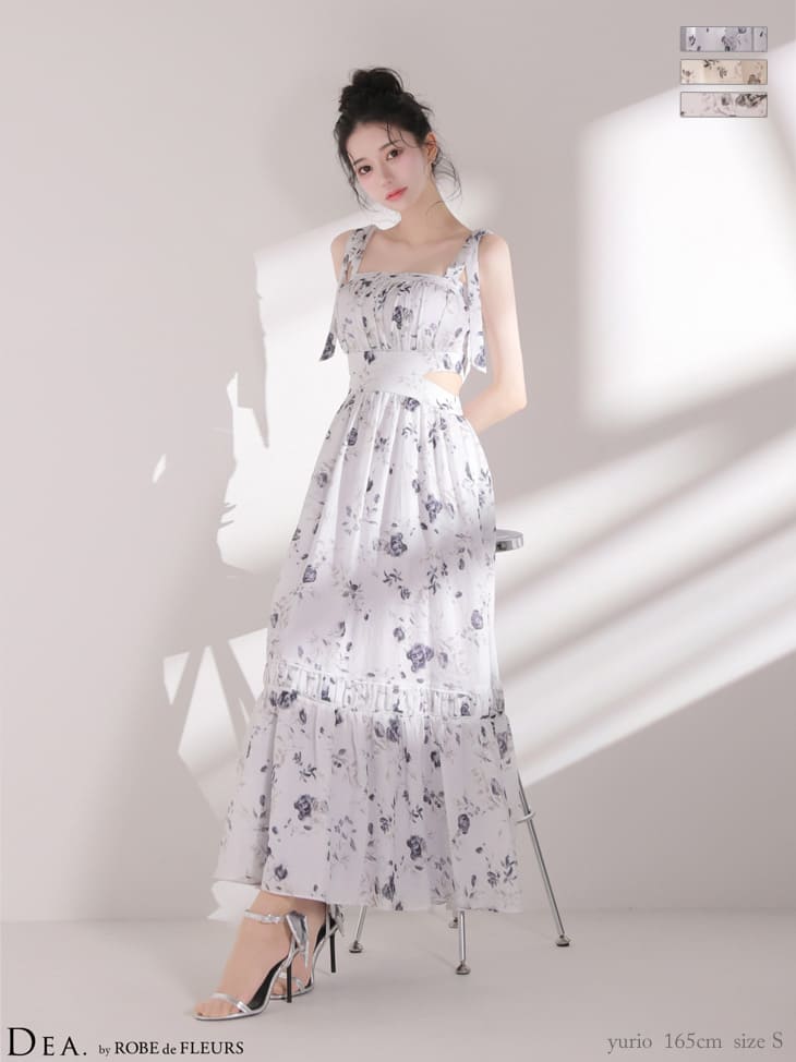 サイドカット フラワーシフォン ノースリーブ Aラインロングドレス