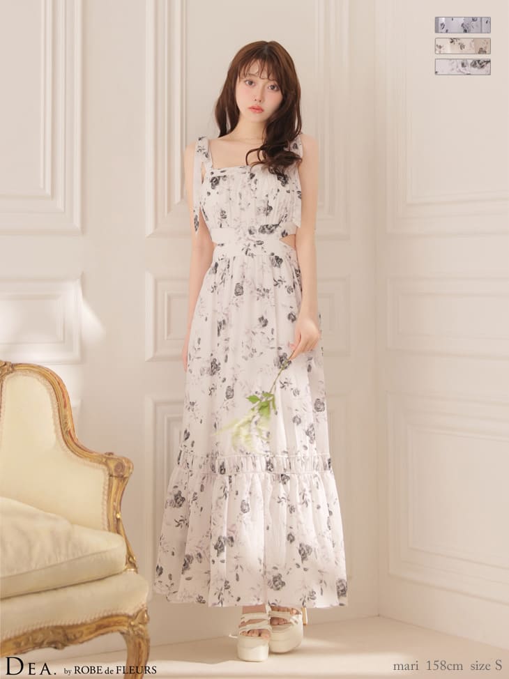 サイドカット フラワーシフォン ノースリーブ Aラインロングドレス