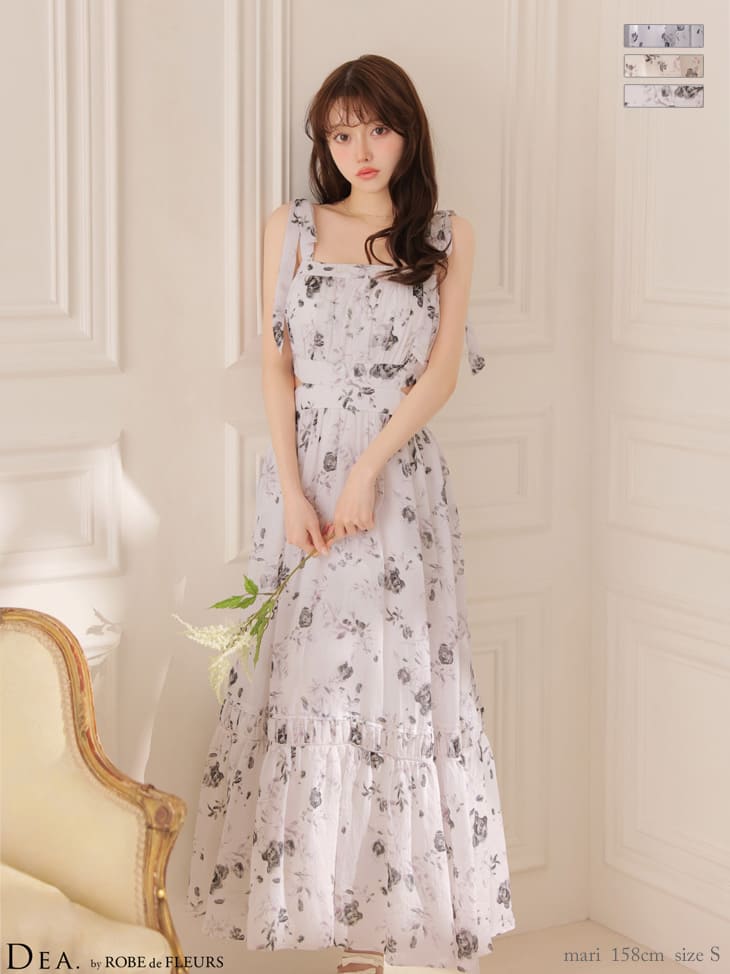 サイドカット フラワーシフォン ノースリーブ Aラインロングドレス