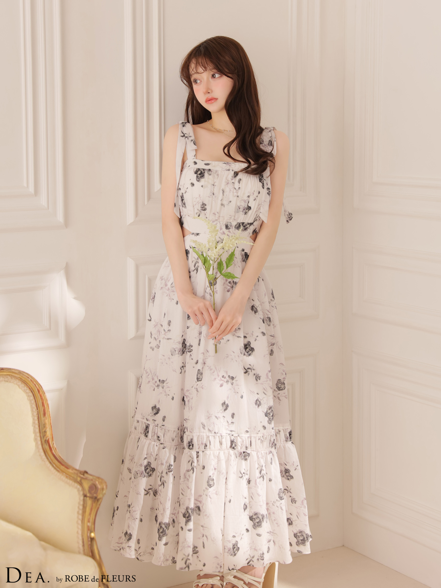 サイドカット フラワーシフォン ノースリーブ Aラインロングドレス