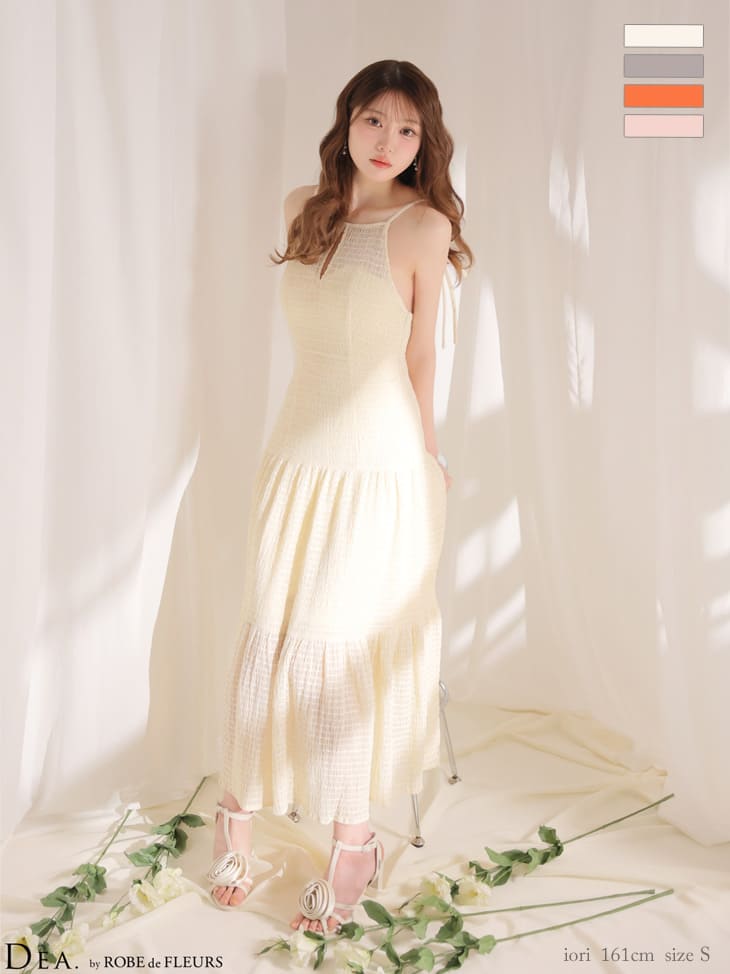 リボン バストカット バックオープン ギャザーシフォン キャミソール Aラインロングドレス