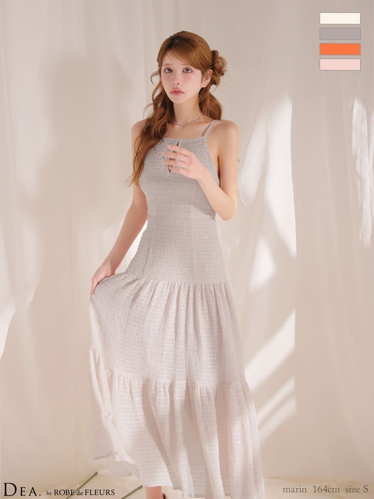 リボン バストカット バックオープン ギャザーシフォン キャミソール Aラインロングドレス