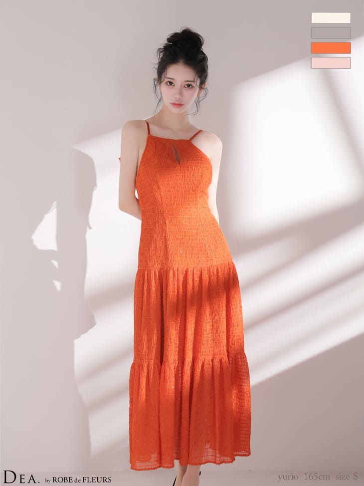 リボン バストカット バックオープン ギャザーシフォン キャミソール Aラインロングドレス