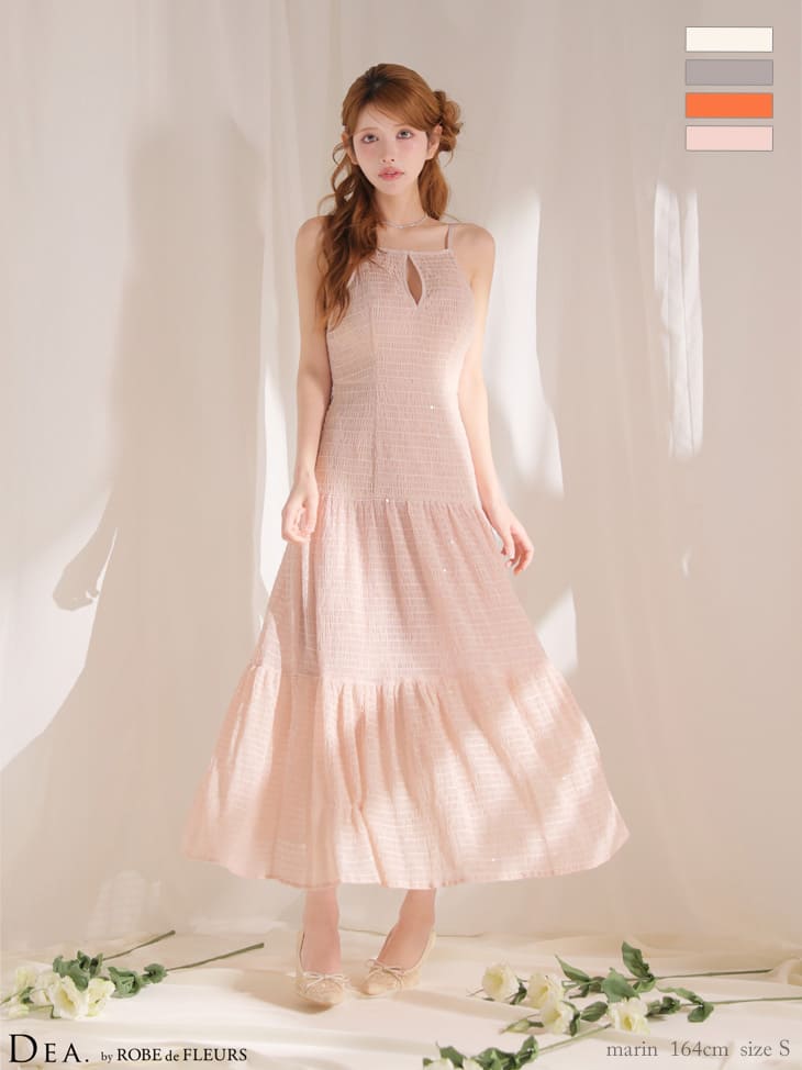 リボン バストカット バックオープン ギャザーシフォン キャミソール Aラインロングドレス