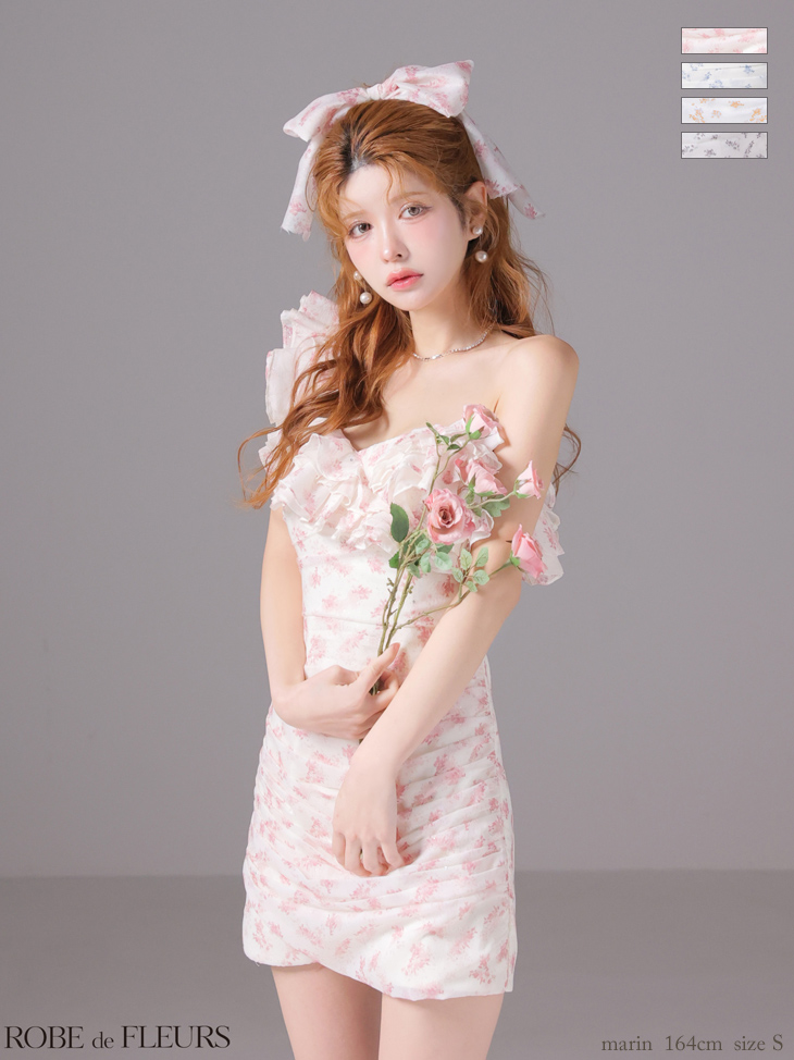 ワンショルダー フリル フラワー ギャザー ラメシフォン タイトミニドレス