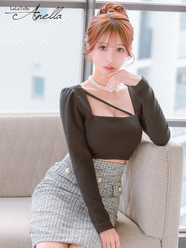 長袖 ツイード パールボタン ウエストカット スクエアネック タイト 膝丈ドレス